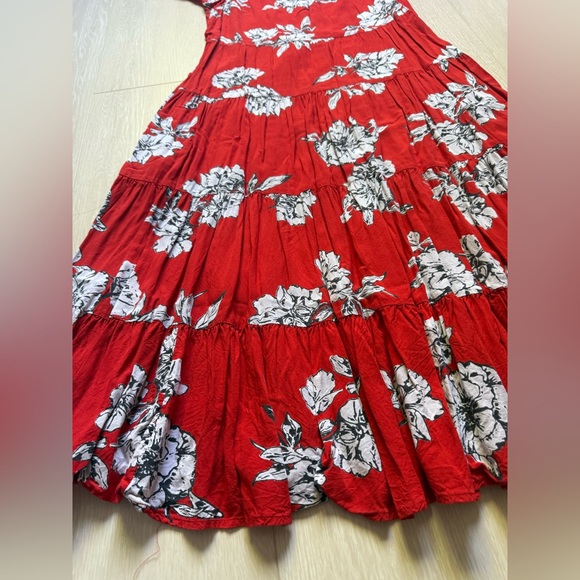 Free People Red White Floral Open Back Short Sleeve Tiered Dress - Picture 9 of 9